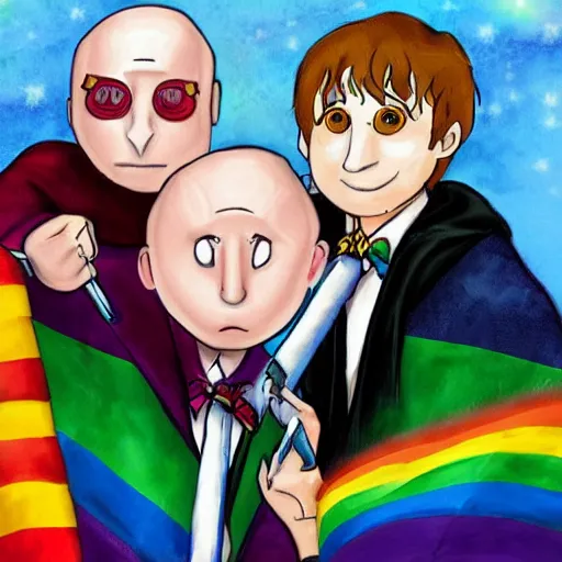 Prompt: ! dream harry potter with voldemort, pride flag in background, full picture