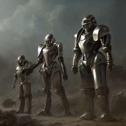 Prompt: a digital painting of humanoid crusader robots, matte painting, hyper realistic, very detailed, dramatic scene, realistic lighting, dark fantasy, 4 k, in the style of greg rutkowski,