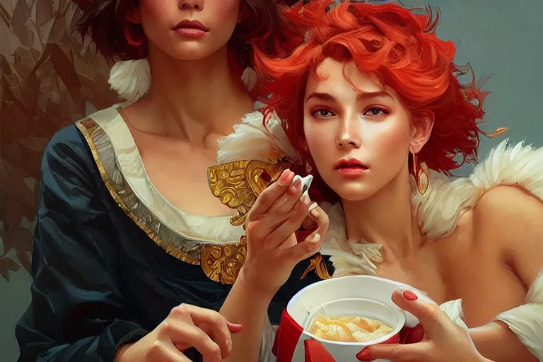 Image similar to kfc chicken, portrait, elegant, intricate, digital painting, artstation, concept art, smooth, sharp focus, illustration, art by artgerm and greg rutkowski and alphonse mucha