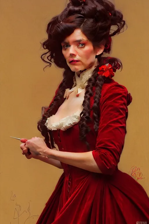 Prompt: sargent and leyendecker and greg hildebrandt highly detailed portrait of a victorian woman with long hair, wearing a red velvet gown, stephen bliss, unreal engine, by greg rutkowski, loish, ferdinand knab, ilya kuvshinov, rossdraws, tom bagshaw, alphonse mucha, global illumination, radiant light, detailed and intricate environment