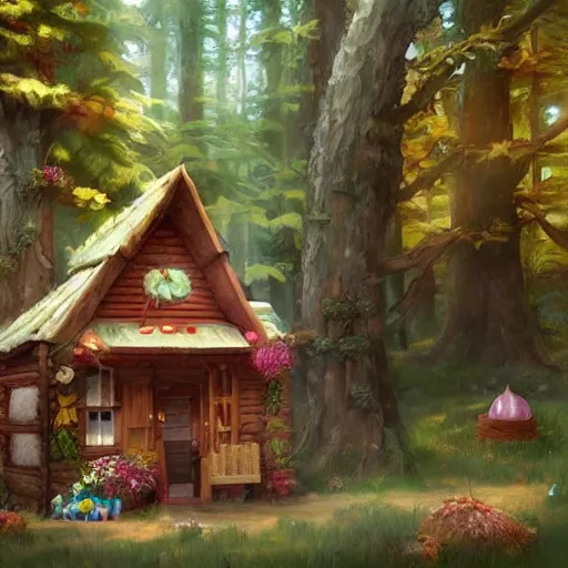 Prompt: a cabin made of sweets and candy in the middle of the forest, fantasy art by Cushart, Krenz