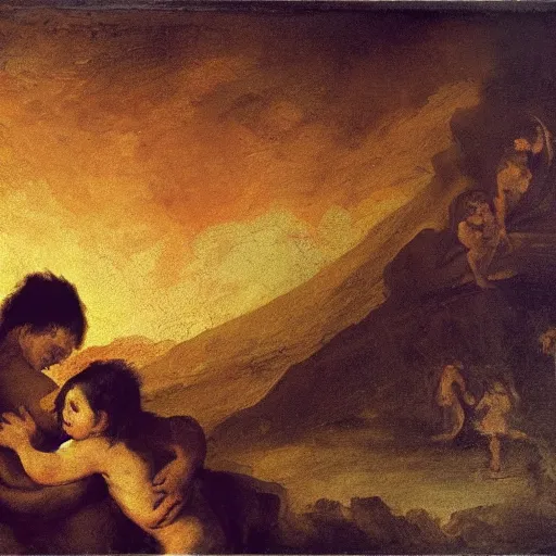 Image similar to panicking family hugging under pompeii lava, sunset, expressionism goya style