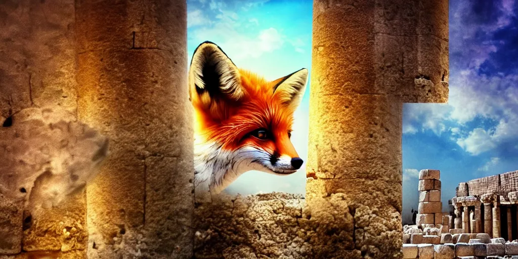 Prompt: a beautiful small fox in the huge ruins of the second temple in jerusalem, dreamy sky, the third temple hovers quietly hiding in the sky above, very colorful painting 8 k trending on art station, intricate superb details, digital art, very very very realistic, cinematic lighting, volumetric lighting, photographic, blur bokeh defocus dof sky by afremov.