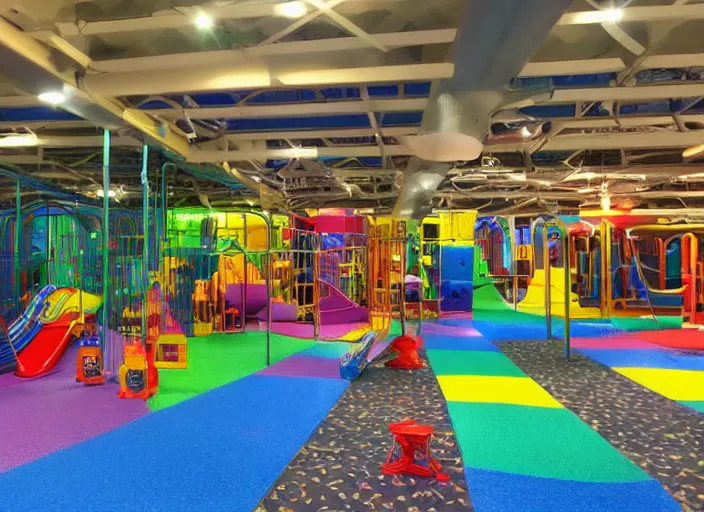 Image similar to photo of a liminal indoor playground at night.