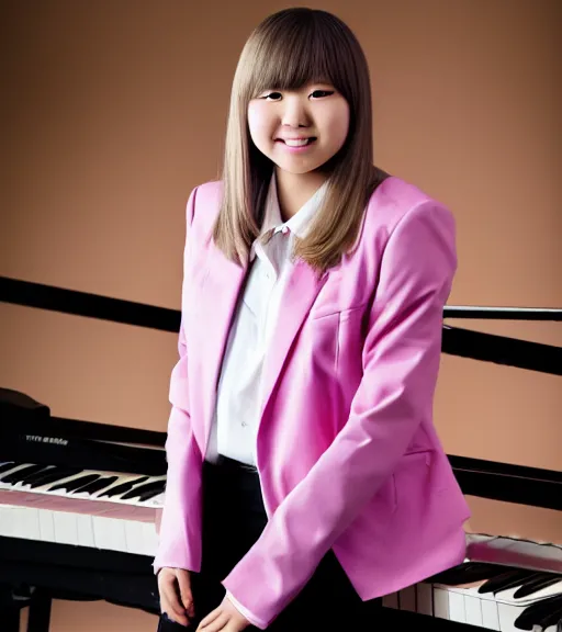 Prompt: a professional portrait photograph of kaede akamatsu, an eighteen year old japanese woman with blonde shoulder length hair, a cowlick, musical note hairpins, a pink blazer, a white backpack, purple contact lenses, and a kind smile, beautiful features, pianist, at her piano