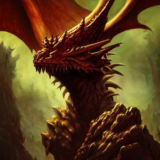 Image similar to oil painting of dragon forest, dnd character, fantasy, realistic textured skin, balrog head, glowing eyes, sharp focus, artgem, boris valejo, frank frazetta, heavy metal style, trending on artstation, digital painting, julie bell, beautiful, very detailed,