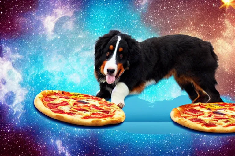 Image similar to a bernese mountain dog standing on a pizza in outer space. the dog is eating a piece of pizza. pizza slices flying with angel wings in background, dark cyan galaxy and stars in background, 4 k photoshopped image, look at that detail