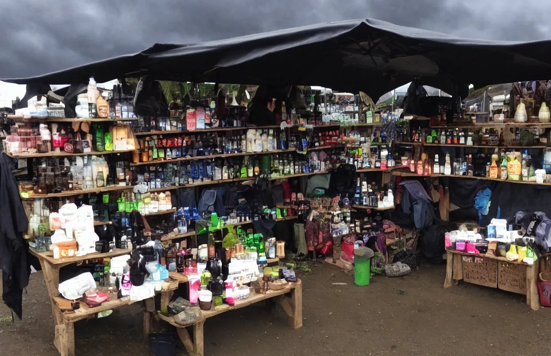 Image similar to market stall in Mordor with dark sky. An orc is selling dark toiletries and body parts