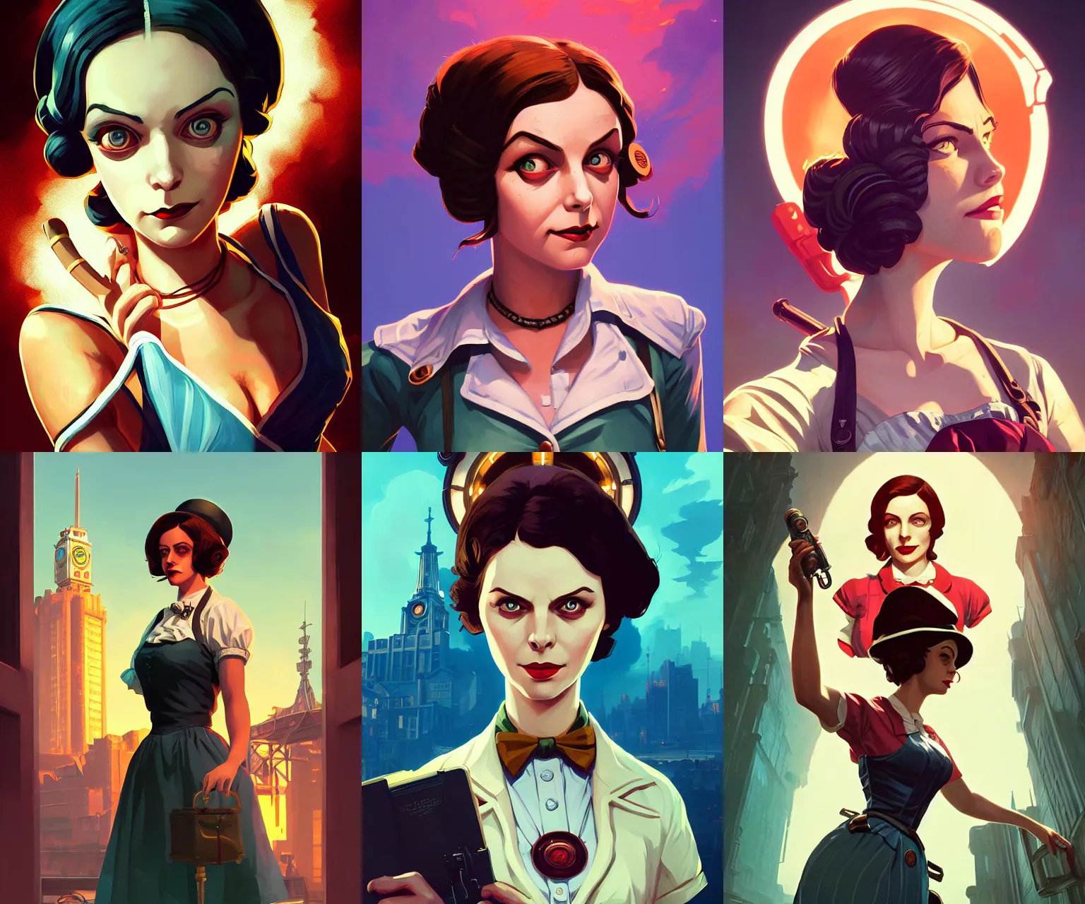 Prompt: portrait of elizabeth from bioshock, gta san andreas cover art, borderlands style, celshading, trending on artstation, by rhads, andreas rocha, rossdraws, makoto shinkai, laurie greasley, lois van baarle, ilya kuvshinov and greg rutkowski