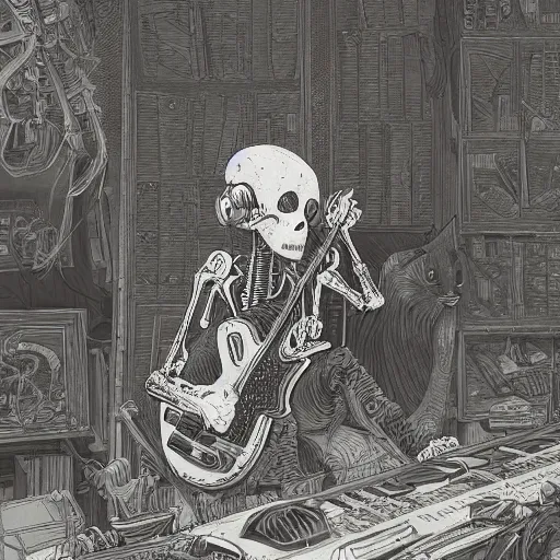 Image similar to skeleton wearing headphones, watching girl playing guitar while her black cat standing next to her, detailed intricate ink illustration, dark atmosphere, detailed illustration, hd, 4k, digital art, overdetailed art, by greg rutkowski, by loish, complementing colors, Trending on artstation