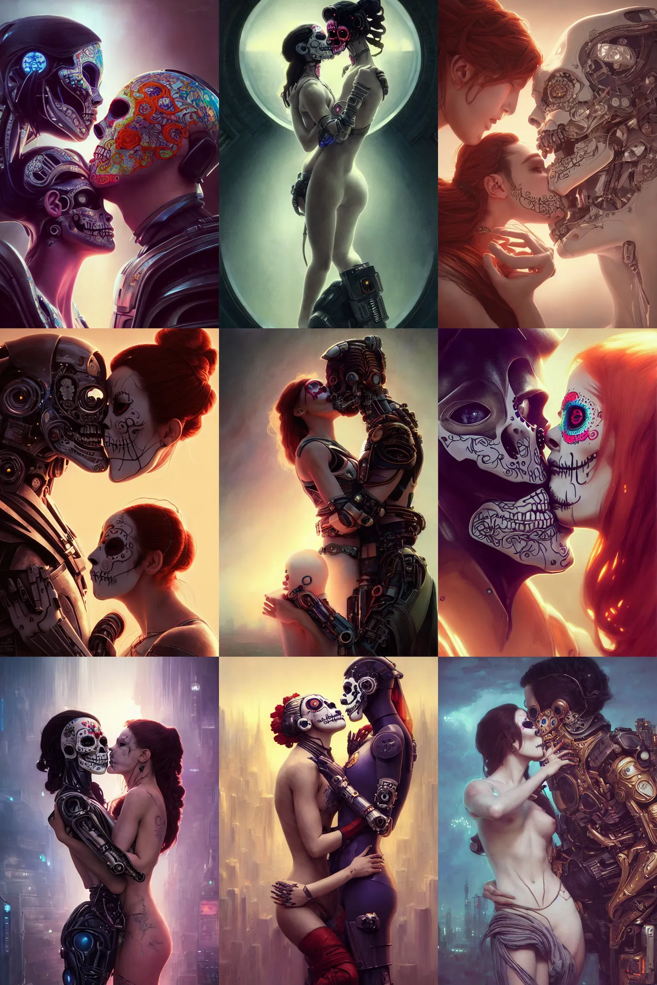 Prompt: the kiss, female android, intricate detailed, ultra hyper realistic, dia de los muertos, cyberpunk, renaissance, octane render, triadic, concept art, unreal engine 5, photorealism, hd, 8 k, 3 d, beautiful, cinematic. art by artgerm and greg rutkowski and alphonse mucha and george lucas, loish and wlop