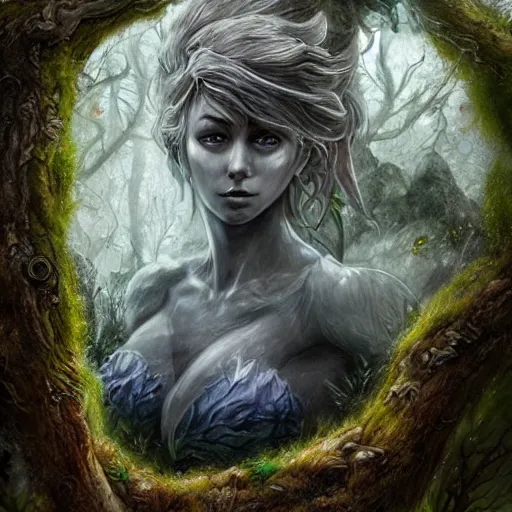 Image similar to high definition charcoal watercolor fantasy character art, hyper realistic, hyperrealism, luminous water elemental, forest dryad, woody foliage, 8 k dop dof hdr fantasy character art, by aleski briclot and alexander'hollllow'fedosav and laura zalenga