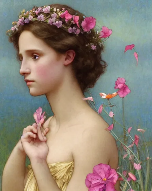 Prompt: an art nouveau portrait painting of a shy, blushing 1 6 - year old alicia vikander or millie bobby brown as a princess lying among flower petals, hair fanned around, intricate, elegant, highly detailed, artstation, concept art, by krenz cushart and donato giancola and william adolph bouguereau and alphonse mucha