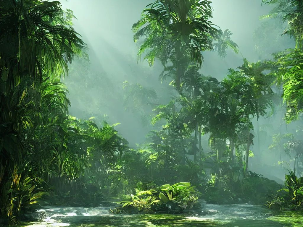 Image similar to Shadowy entrance to the jungle with palm trees and the river flowing near from the mountain. Fantasy style. Sun rays, lens flares. Cinematic, ArtStation, realistic photograph, ambient, shades of green, Unreal Engine 5, rendered by Octane.