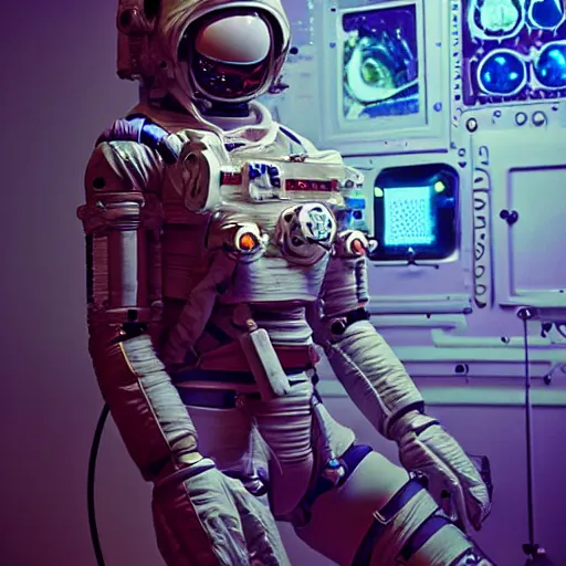 Image similar to a cybernetic symbiosis cybernetic mech astronaut sniper woman in a nasa eva suit with small nixie tube barnacles, nasa eva suit, by beeple, white fractals, small nixie tubes, nasa canadarm, maxillipeds, chelicerae, chelate appendages,