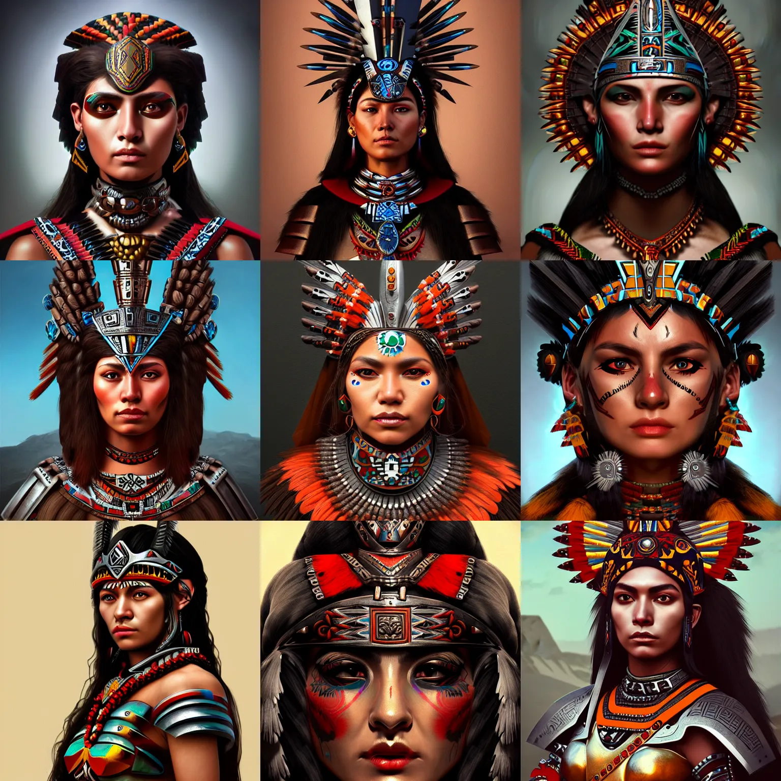 Prompt: acient aztec warrior goddess, portrait, artstation, digital art, concept art, artstation, highly detailed, sharp focus, by caravaggio