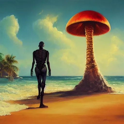 Prompt: Beautiful painting of relaxed skeleton walking on the tropical beach with nuclear bomb explosion on the ocean, high quality, trending on Artstation, realistic, by Greg Rutkowski, highly detailed big mushroom cloud in the background, warm and vibrant color scheme, coherent, photorealism