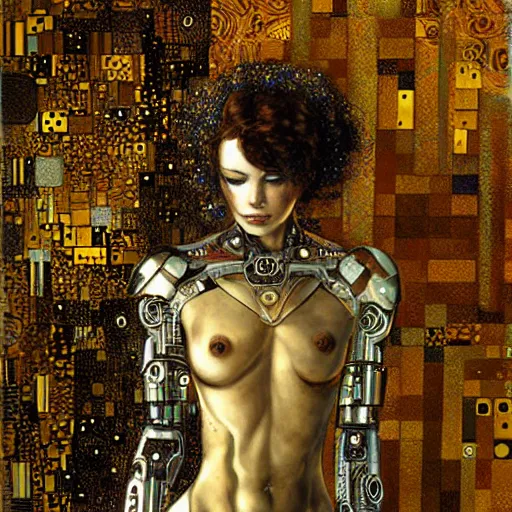 Prompt: cybernetic female supersoldier, intricate detail, klimt, royo, whealan,