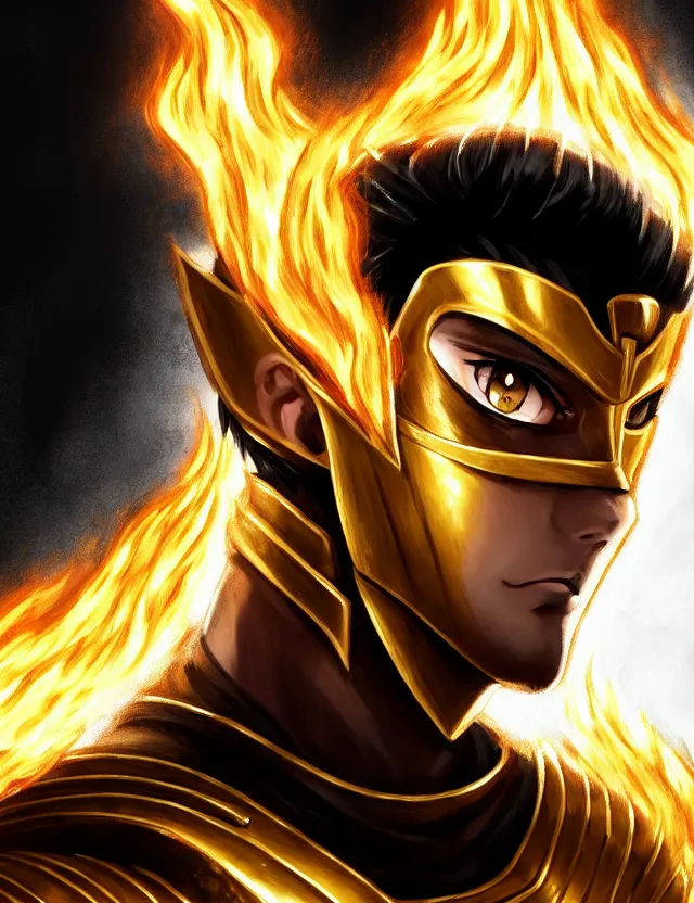 Image similar to a detailed manga portrait of a black haired man with hazel eyes in gleaming golden armour that burns with golden fire, trending on artstation, digital art, 4 k resolution, detailed, high quality, sharp focus, hq artwork, coherent, insane detail, character portrait