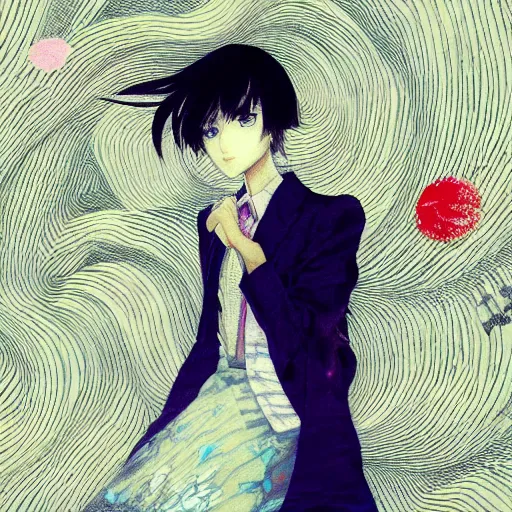 Image similar to yoshitaka amano blurred and dreamy realistic illustration of an anime girl with black eyes, wavy white hair fluttering in the wind wearing dress suit with tie, junji ito abstract patterns in the background, satoshi kon anime, noisy film grain effect, highly detailed, renaissance oil painting, weird portrait angle, blurred lost edges, three quarter view