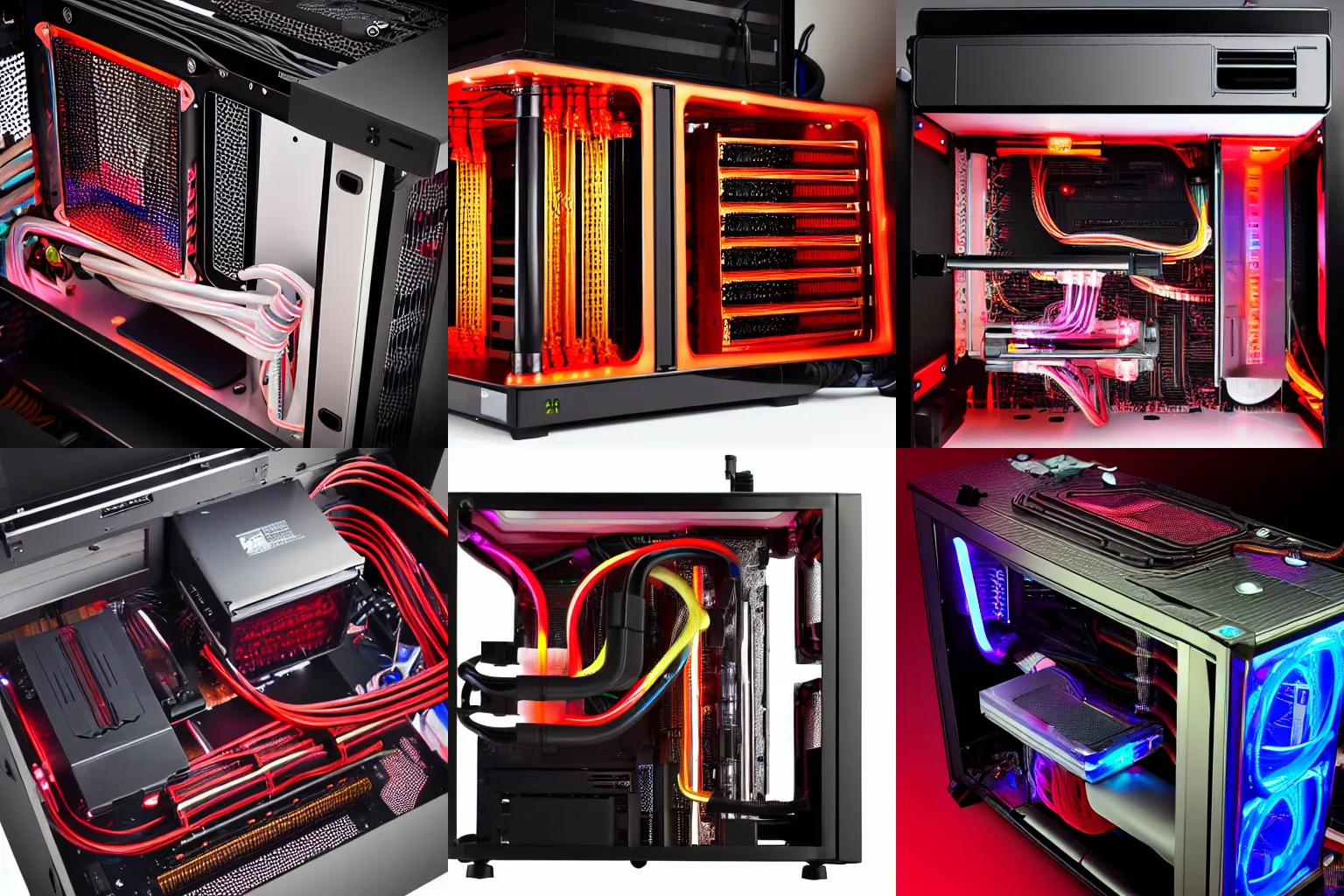 Prompt: product shot of an insanely complex custom tubing watercooling pc, dysfunctional computing. custom built computer with dark case gold linens and red leds. futuristic design.