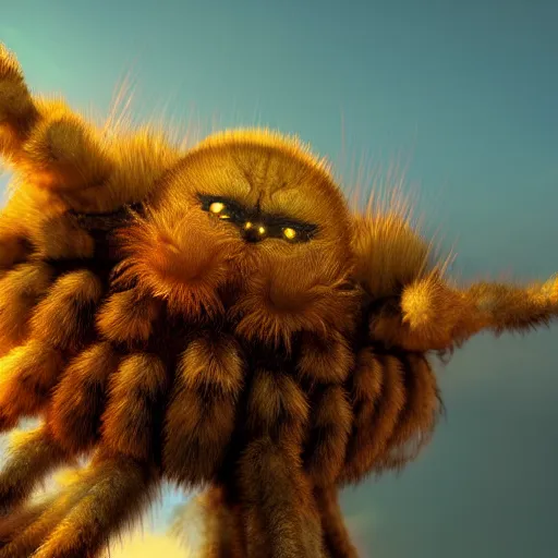 Image similar to fluffy tarantula, golden hour, fantasy, vivid colors, sharp focus, digital art, hyper - realistic, 4 k, unreal engine, highly detailed, hd, dramatic lighting by brom, trending on artstation