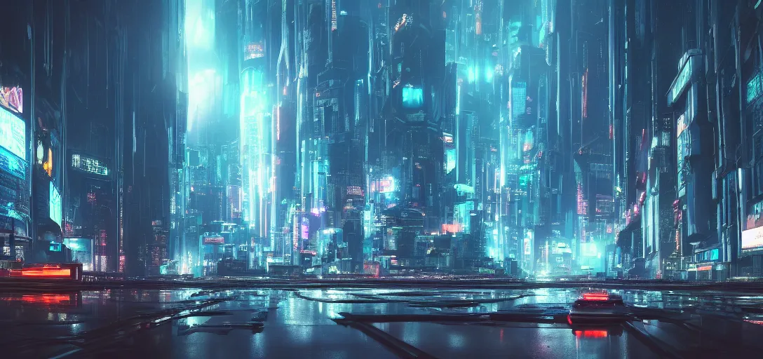 Image similar to view from the edge of a futuristic cyberpunk city at night in rain, refraction, reflection, lens flare, cars flying in the sky distance, symmetry, cinematic lighting, ultra detailed, sharp, ambient occlusion, raytracing, by greg rutowski, paul chadeisson and jessica rossier