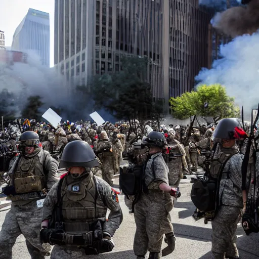 Image similar to 4 k hdr sony a 7 photo of soldiers with bitcoin logos on their helmets at a protest of thousands of people surrounding federal reserve building with us dollars burning in a pile and flying everywhere