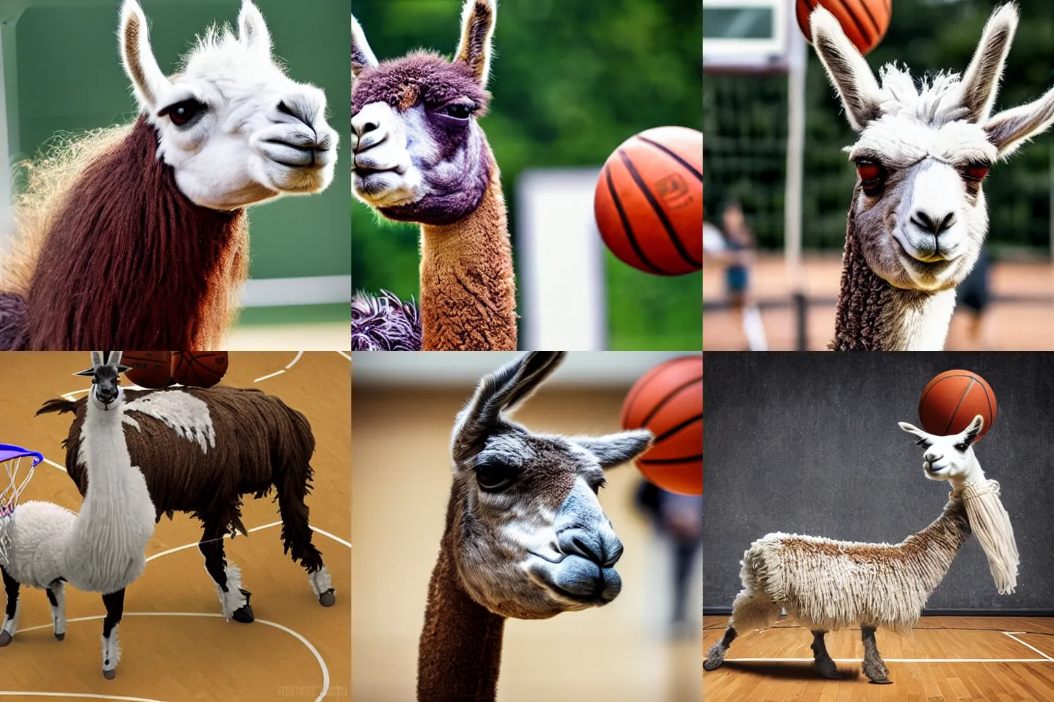 Prompt: realistic photo of a llama playing basketball