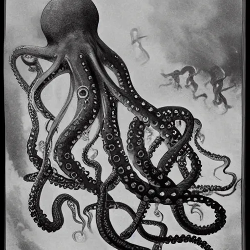 Prompt: old black and white photo, 1 9 1 3, depicting dieselpunk giant octopus attacking new york, historical record, tentacles around