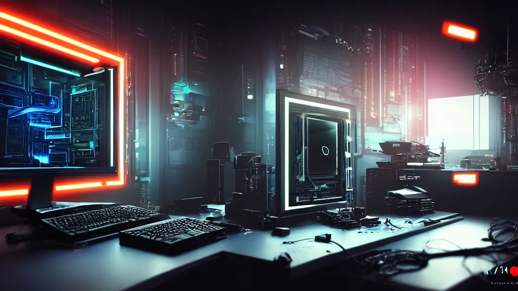Prompt: a cyberpunk overpowered computer. Overclocking, watercooling, custom computer, cyber, mat black metal, alienware, futuristic design, desktop computer, desk, home office, whole room, minimalist, Beautiful dramatic dark moody tones and lighting, orange neon, Ultra realistic details, cinematic atmosphere, studio lighting, shadows, dark background, dimmed lights, industrial architecture, Octane render, realistic 3D, photorealistic rendering, 8K, 4K, nebula, galactic, space, Cyborg R.A.T 7, Republic of Gamer, computer setup, highly detailed