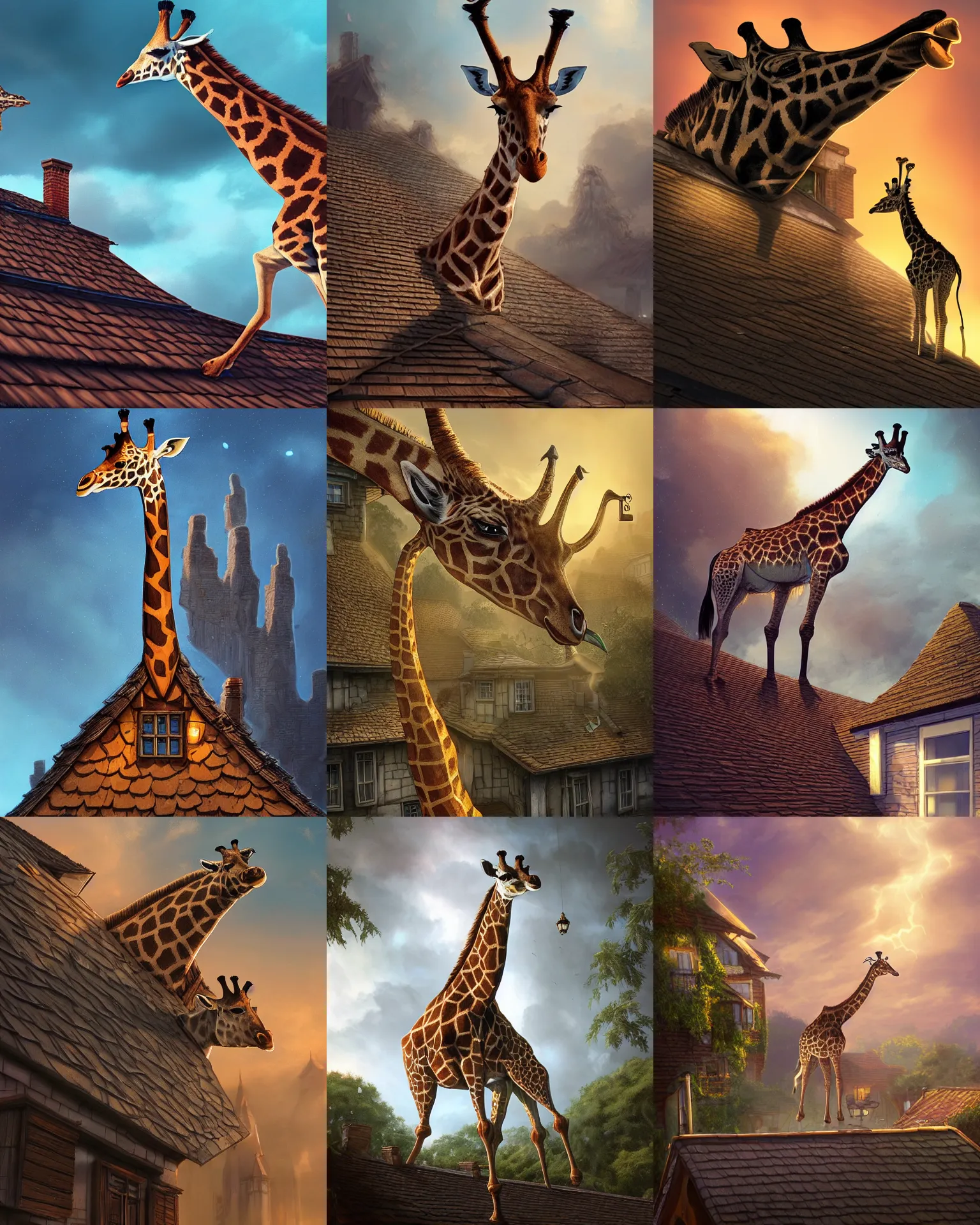 Prompt: kids fantasy sketch a giraffe on a house roof, fantasy, intricate, epic lighting, cinematic composition, hyper realistic, 8 k resolution, unreal engine 5, by artgerm, tooth wu, dan mumford, beeple, wlop, rossdraws, james jean, marc simonetti, artstation