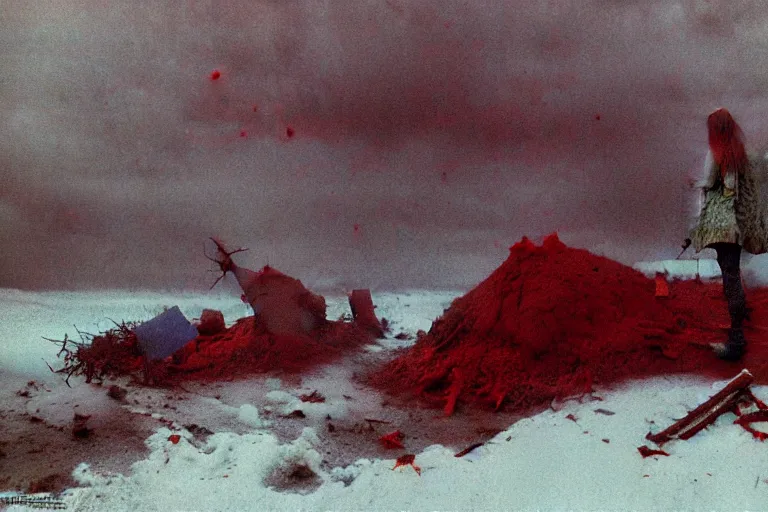 Image similar to a surrealist painting of a lonely woman with pale skin and red hair, standing over pile of bodies in post apocalyptic snowy landscape, painted by zdzisław beksinski