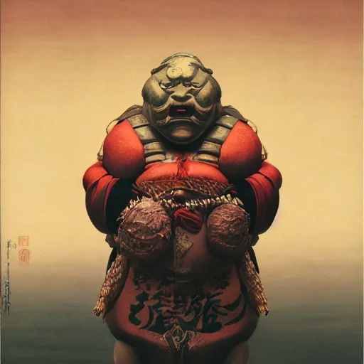 Prompt: character portrait of a plump rubenesque woman shugoki wearing samurai o - yoroi, mortal shell, scorn game, by h r geiger and beksinski, grim dark, rembrandt, ukiyo - e, cg society, tone mapping, global illumination,