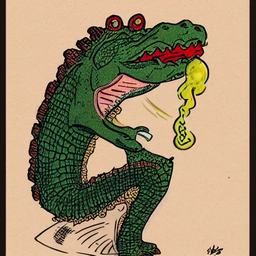 Image similar to a crocodile wearing smoking a cigar