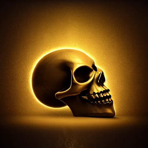 Image similar to chiaroscuro baroque still life octane render of a ray of god light shining on golden skull with head completely covered in engraved ancient runic inscriptions prophecies, spells, dark ominous background.
