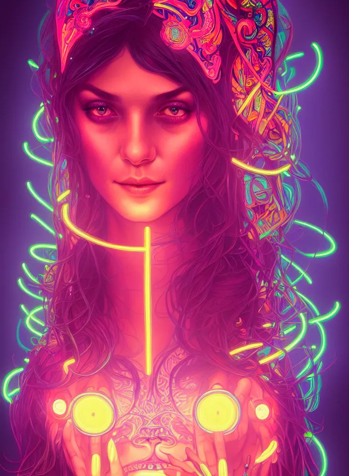 Image similar to symmetry!! portrait of hippie girl, neon glowing lights!! psychedelic, intricate, elegant, highly detailed, digital painting, artstation, concept art, smooth, sharp focus, illustration, art by artgerm and greg rutkowski and alphonse mucha, 8 k