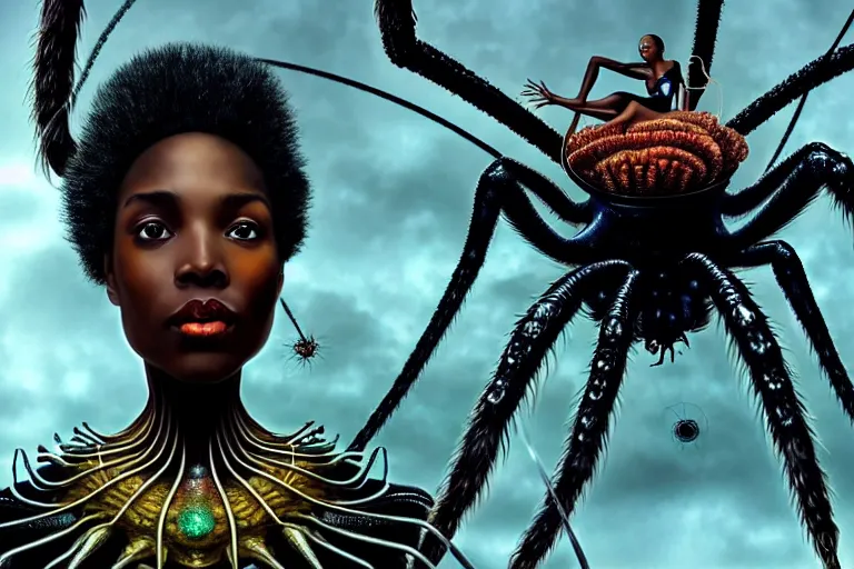 Image similar to realistic detailed closeup portrait movie shot of a beautiful black woman riding a giant spider, dystopian city landscape background by denis villeneuve, amano, yves tanguy, alphonse mucha, max ernst, ernst haeckel, edward robert hughes, roger dean, cyber necklace, rich moody colours, sci fi patterns, wide angle