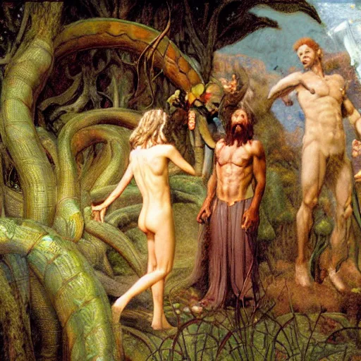 Image similar to Close-up of God being angry in the Garden of Eden. Adam and Eve look very guilty and the snake is leaving the scene quietly - Matte painting , detailed painting, made by Edgar Maxence and Ross Tran and Michael Whelan, Lorenzo Sperlonga Legends of Runeterra
