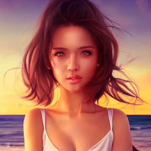 Image similar to portrait of beautiful woman on the beach, brown eyes, sunset, highly detailed, by wlop, rossdraws, artgerm.