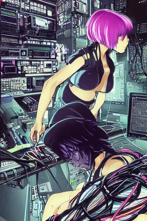 Prompt: hypedetailed cyberpunk illustration of motoko kusanagi kneeling on the floor in a tech lab, with a mess of wires and cables coming out of her head and backside, by masamune shirow and katsuhiro otomo, colorful, complex, back view