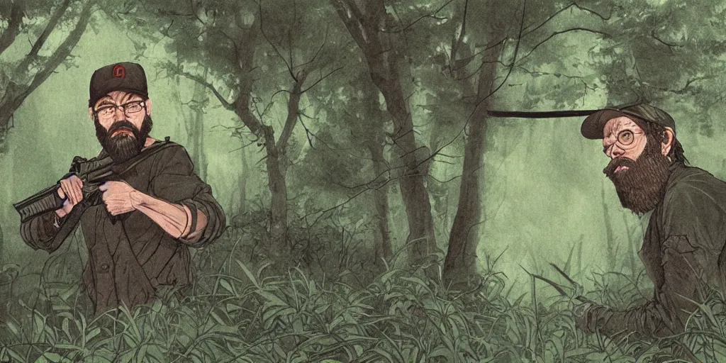 Prompt: stephen king film illustration of a caucasian bearded man alone in a lush green forest, wearing a baseball hat, japanese masterful illustration, 1 9 8 0 s style, apprehensive mood, man is carrying a rifle, alone, matte illustration, apocalyptic vibes