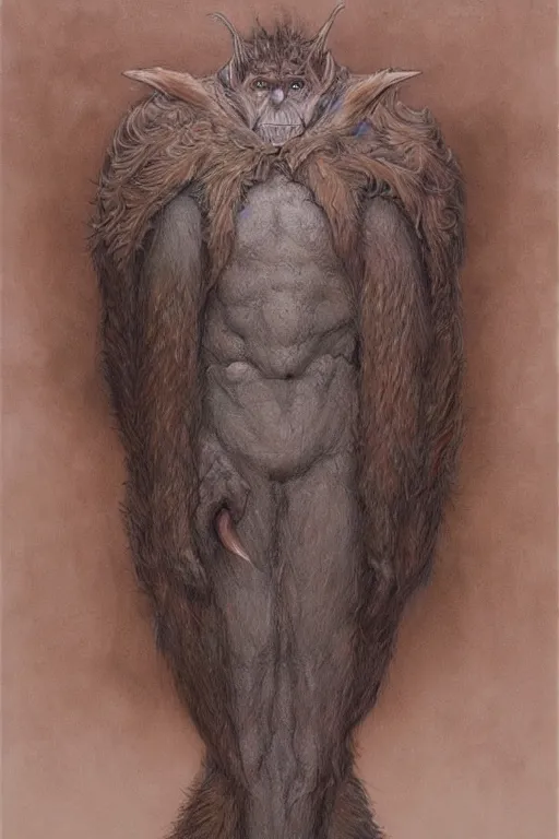 Prompt: Artwork by John Howe of Abe the Forgotten Beast, A towering humanoid composed of rose gold, with a gaunt appearance and a matted grey fur