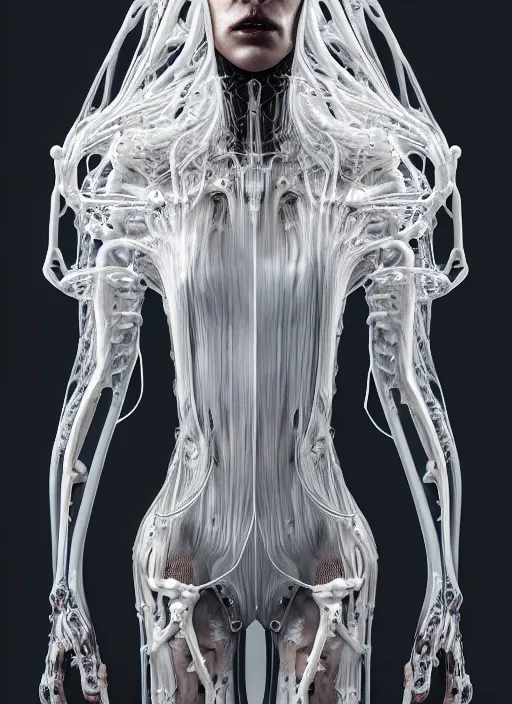 Image similar to forest iris van herpen gothic inflateble dark dress, perfect symmetrical body, helmet on face, full body shot, inflateble shapes, wires, tubes, veins, jellyfish, white biomechanical details, wearing epic bionic cyborg implants, masterpiece, intricate, biopunk, vogue, highly detailed, artstation, concept art, cyberpunk, octane render