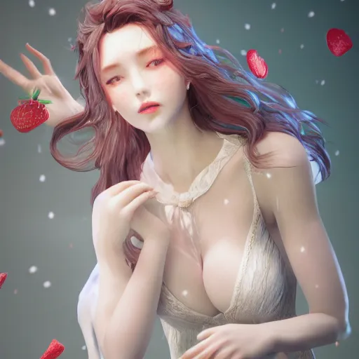 Image similar to the photoshoot of an absurdly beautiful, graceful, elegant, sophisticated young gravure idol made of strawberries and white petals with tears, an ultrafine hyperdetailed illustration by kim jung gi, irakli nadar, intricate linework, bright colors, octopath traveler, final fantasy, unreal engine 5 highly rendered, global illumination, radiant light, detailed and intricate environment