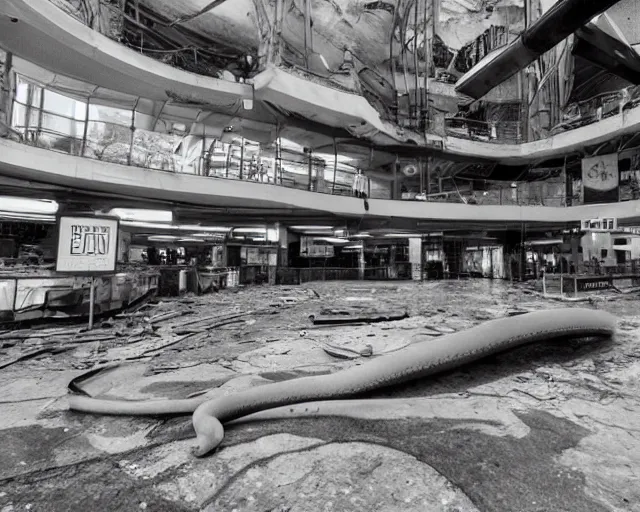 Image similar to camera footage of a giant Python in an abandoned shopping mall, high exposure, dark, monochrome, camera, grainy, CCTV, security camera footage, timestamp, zoomed in, fish-eye lense, snake,