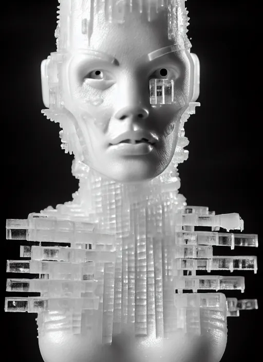 Image similar to a young female cyborg bust made of ice and smoke and wind, dramatic, ilford hp 5, closeup - view, f / 2. 8, high contrast, 1 6 k, fluorescent lamp, contre - jour, insanely detailed and intricate, hypermaximalist, elegant, ornate, hyper realistic, super detailed