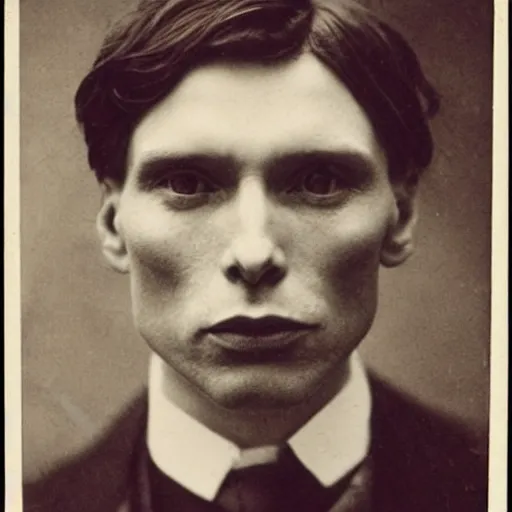 Image similar to headshot edwardian photograph of cillian murphy, 1 9 2 0 s, gang member, intimidating, tough, realistic face, 1 9 1 0 s photography, 1 9 0 0 s, grainy, victorian