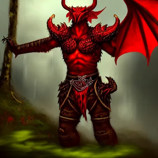 Image similar to A dragonborn with red scales and wings, wearing viking armor, in a rainforest, trending on artstation