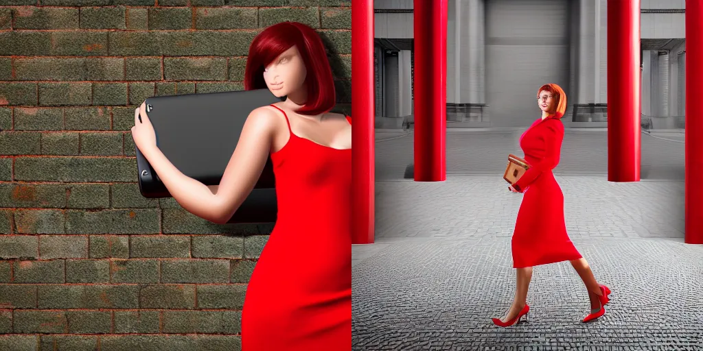 Prompt: photographic hyperrealistic woman in red dress carrying a briefcase, Geert Detaeye style,